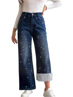Rhinestone Dark Large Wide Leg Fleece Lined Thermal Pants for Winter Comfort